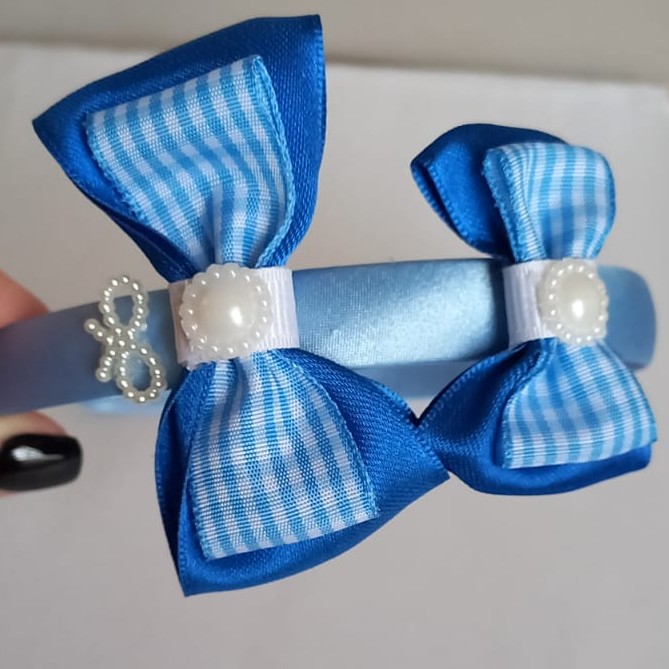 Vincha doble moño vichy con perla 4
